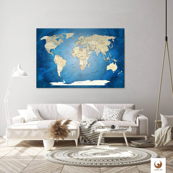 LANA KK Leinwandbild - World Map Blue Ocean - in 100 x 70 cm, einteilig, Premium Qualität, mit Korkr