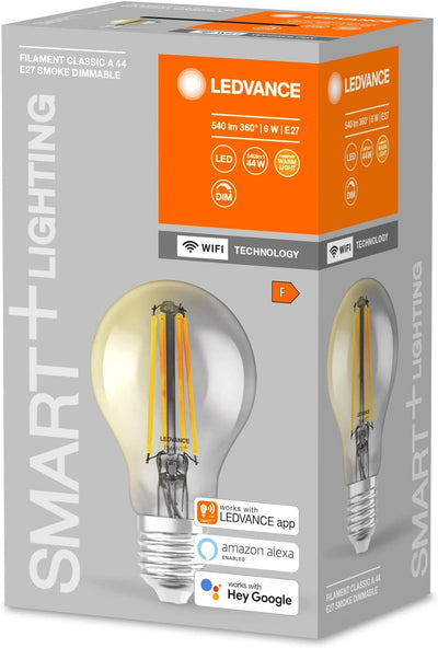 LEDVANCE Smarte LED-Lampe mit Wifi Technologie, E27, Dimmbar, Warmweiss, Birnenform, Klares Filament