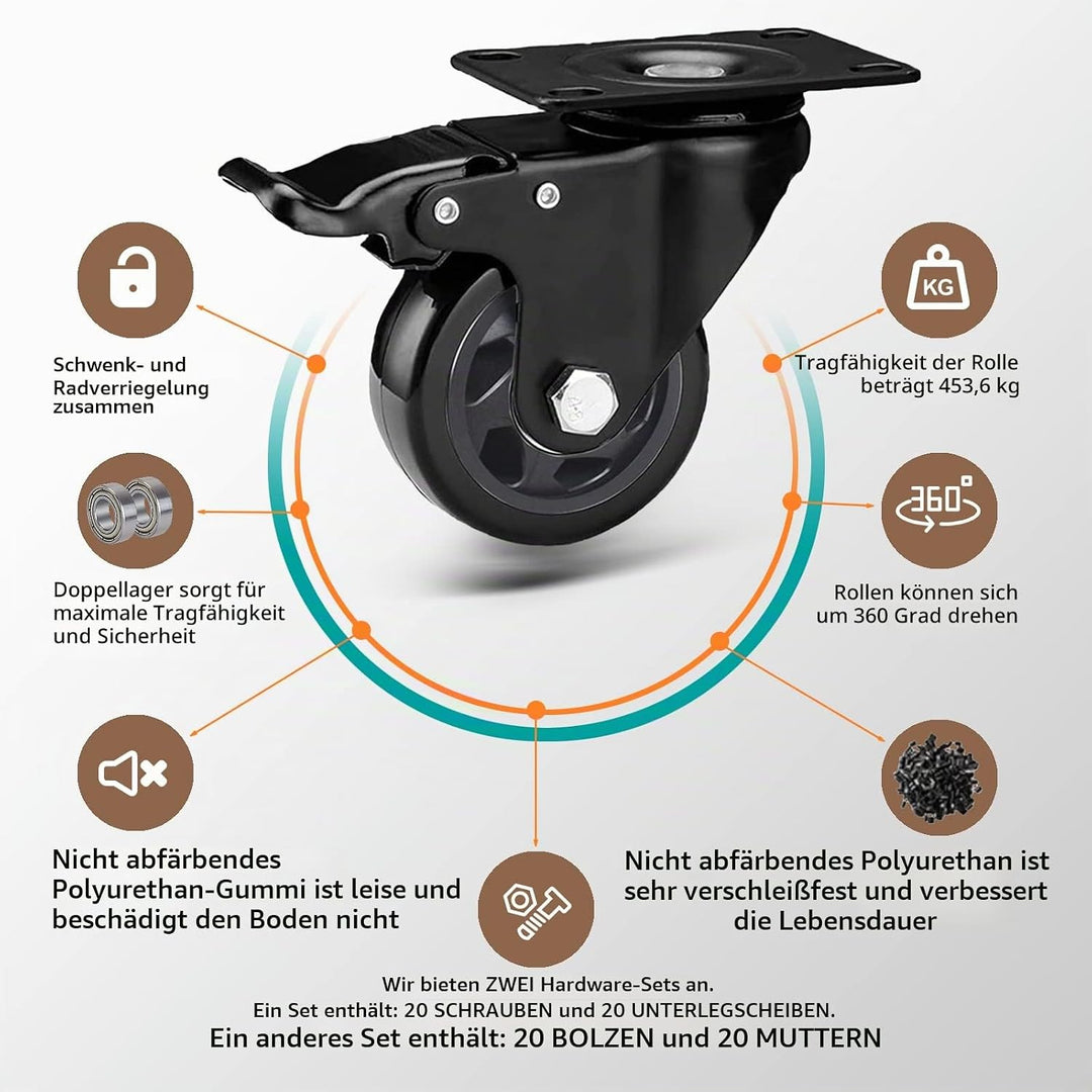 RRIUTO 4 Lenkrollen mit Bremse, 75 mm Transportrollen mit Bremse Strandkorbrollen Möbelrollen für Mö