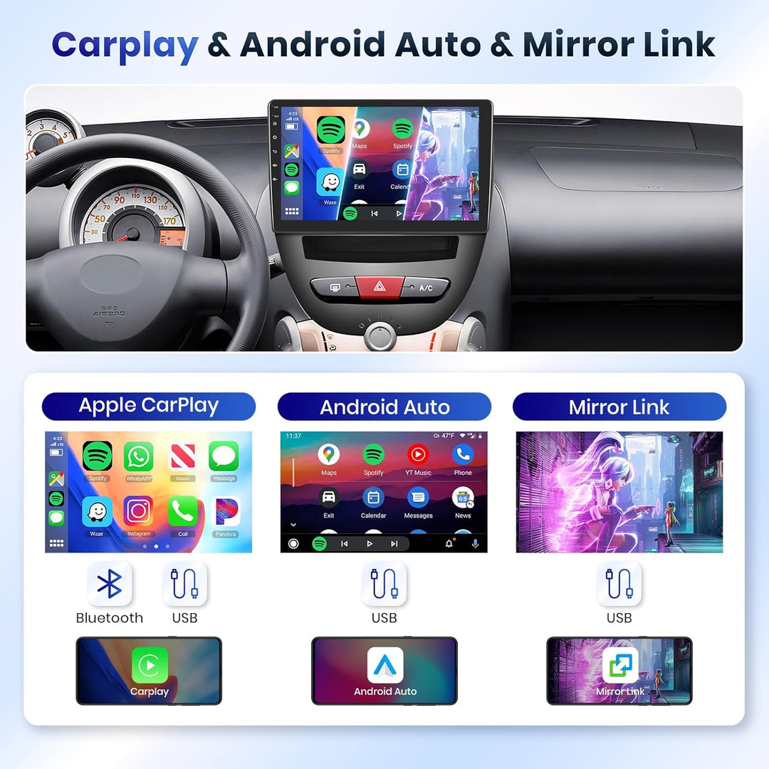 Podofo Carplay Autoradio für Peugeot 107/Citroen C1/Toyota Aygo, 10.1“ Touchscreen Autoradio 2G+64G