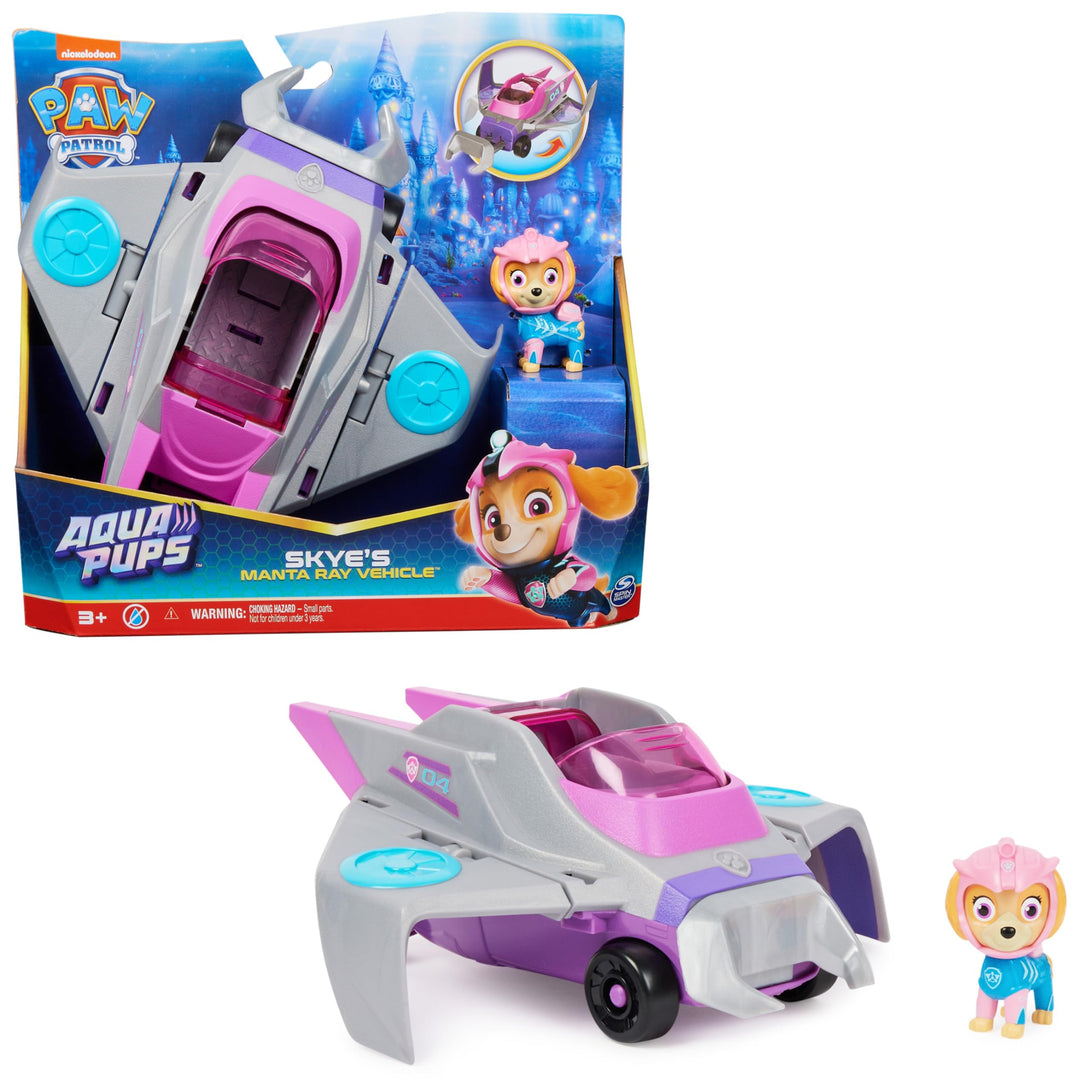 PAW PATROL, Aqua Pups - Basis Fahrzeug Spielzeugauto im Rochen-Design mit Skye Welpenfigur, Spielzeu
