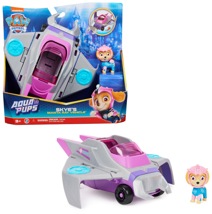 PAW PATROL, Aqua Pups - Basis Fahrzeug Spielzeugauto im Rochen-Design mit Skye Welpenfigur, Spielzeu