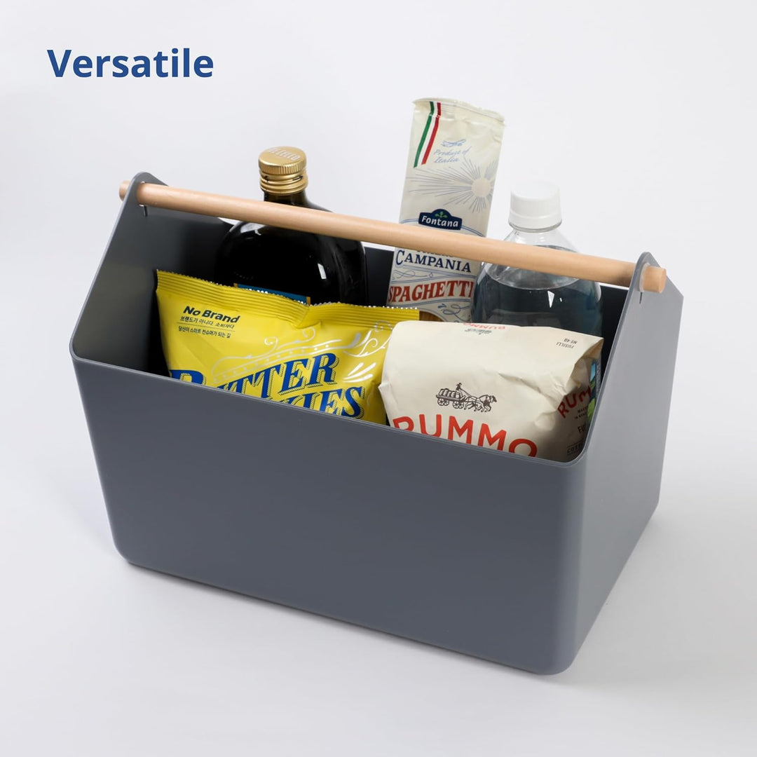 BLUE GINKGO Grosse Aufbewahrungskiste – Kunststoff-Caddy mit Holzgriff für Bad, Vorratsraum oder Rei