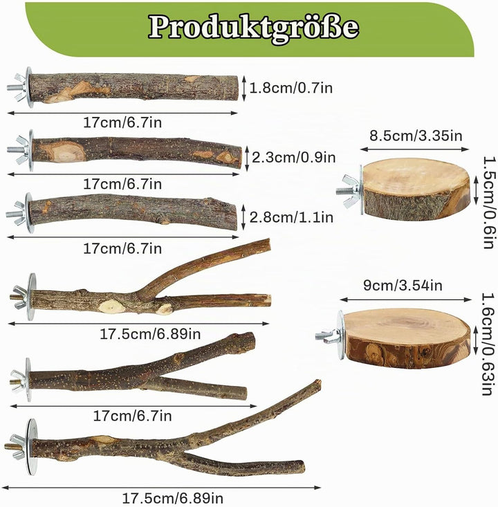 8 Stück Natur Sitzstangen Set für Vögel, Naturholzstangen Vogelständer Vogelzubehör Sitzstangen, Vog
