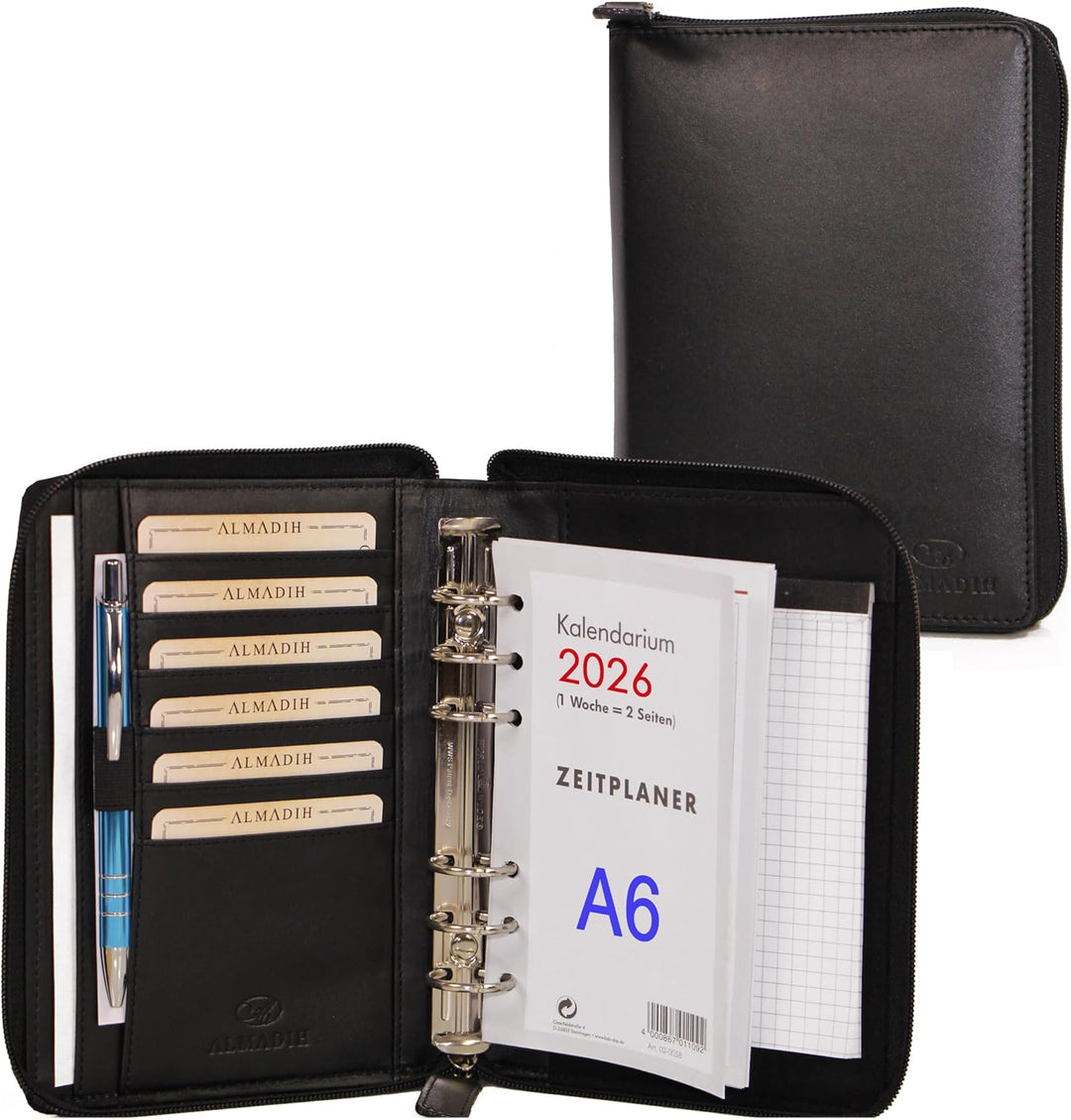 ALMADIH Leder A6 Organizer mit Reissverschluss, Kalender 2024 Notizblock Premium Rindsleder Schwarz