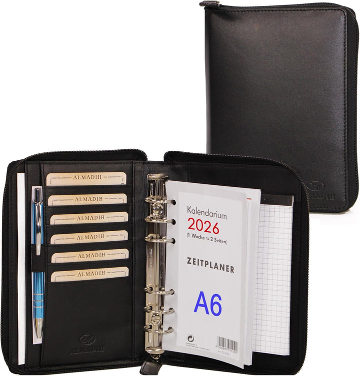 ALMADIH Leder A6 Organizer mit Reissverschluss, Kalender 2024 Notizblock Premium Rindsleder Schwarz