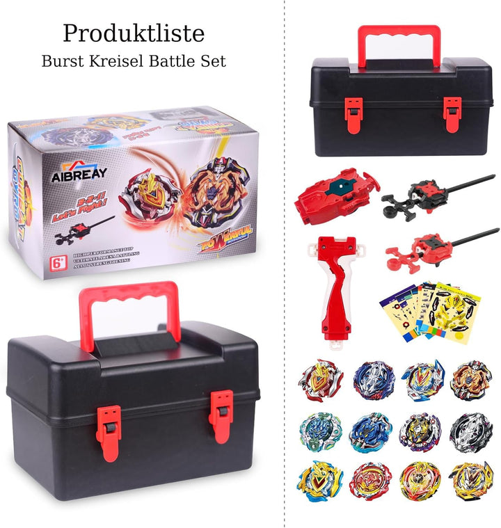 Burst Kreisel Battle Set, 12 Kampfkreisel 2 Launchers 1 Schnur Starter mit Griff, Spinning Top Box,