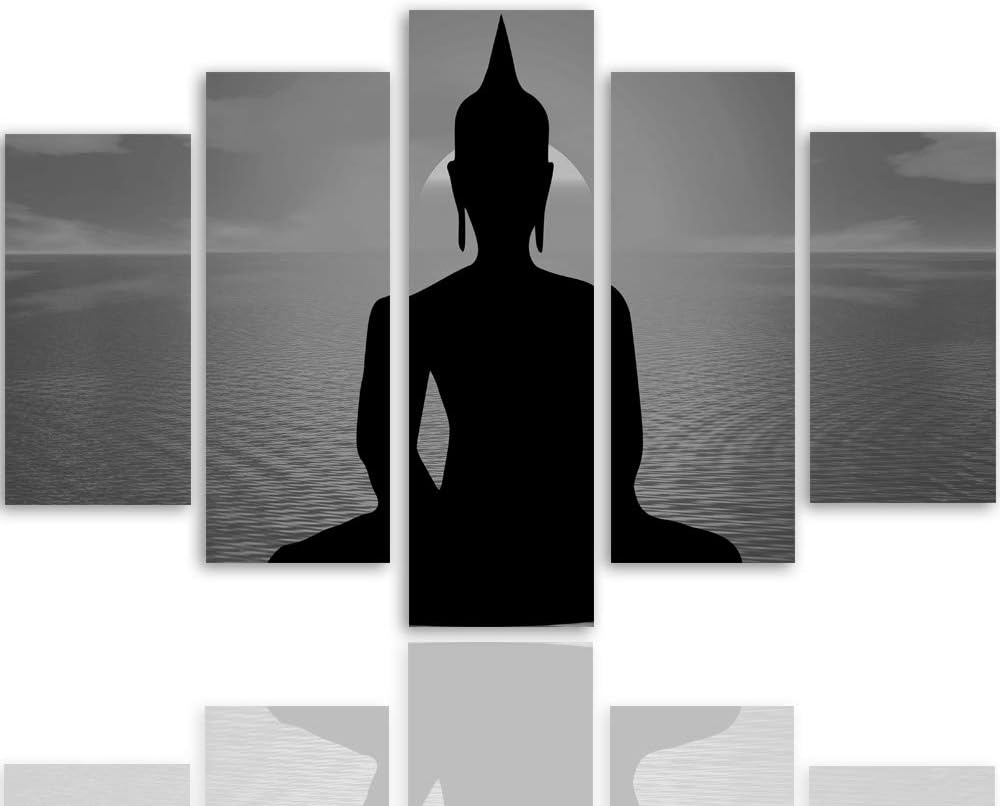 Feeby Bilder Buddha 250x120 cm Leinwandbild 5 Teilig XXL Kunstdruck modern Meer schwarz Leinwandbild
