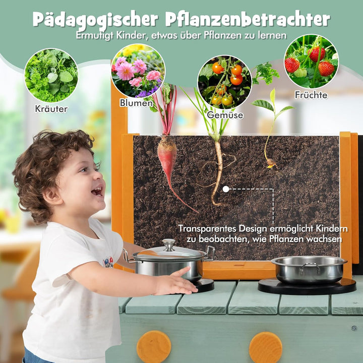 DREAMADE Matschküche Kinder Outdoor, Kinderküche Tannenholz, Spielküche mit Wasserhahn, Waschbecken,
