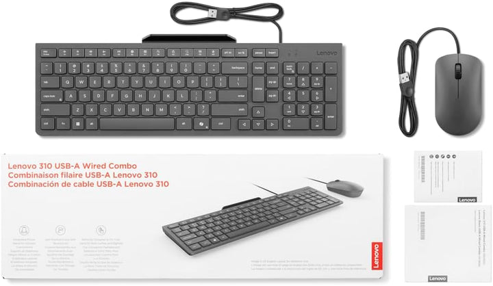 Lenovo 310 USB-A Combo Tastatur und Maus mit Kabel (Roter optischer Sensor, 2000 DPI, 3 Tasten, Scro