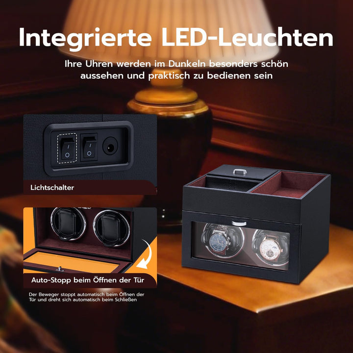 Mcbazel Multifunktionaler Uhrenbeweger für 2 Uhren, automatische Uhrenanzeige LED-Licht Schmuckaufbe