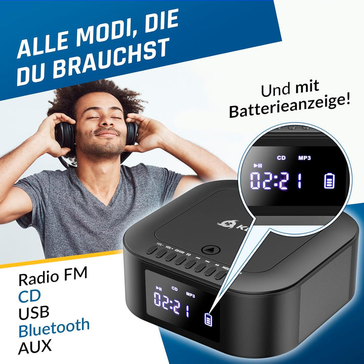 KLIM Boombox E1 Radio mit CD Player - BASS Boost mit Tieftöner - FM Radio, MP3, Bluetooth, AUX, USB