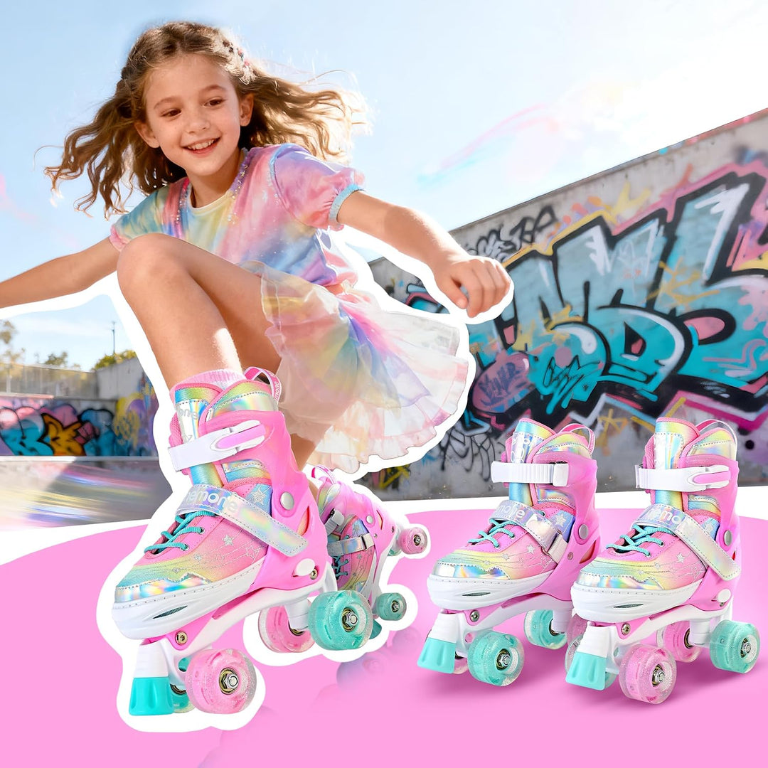 NEMONE Rollschuhe für Mädchen Kinder 4 Grössen Verstellbar Blau Violett Rollschuhe für Kinder Drinne
