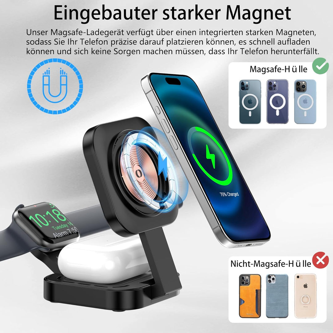 3 in 1 induktive Ladestation für Apple, Faltbarer 3 in 1 kabelloses Ladegerät für Magsafe für iPhone