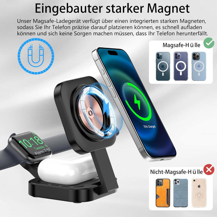3 in 1 induktive Ladestation für Apple, Faltbarer 3 in 1 kabelloses Ladegerät für Magsafe für iPhone