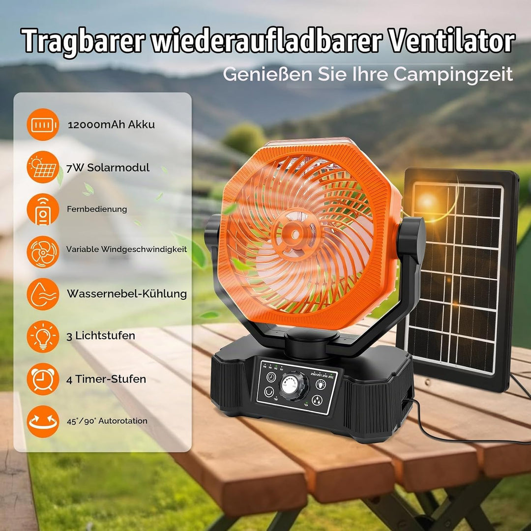 Camping Ventilator mit Wasserkühlung, Solarpanel, licht, 12000mAh Solarventilator Outdoor, Wiederauf