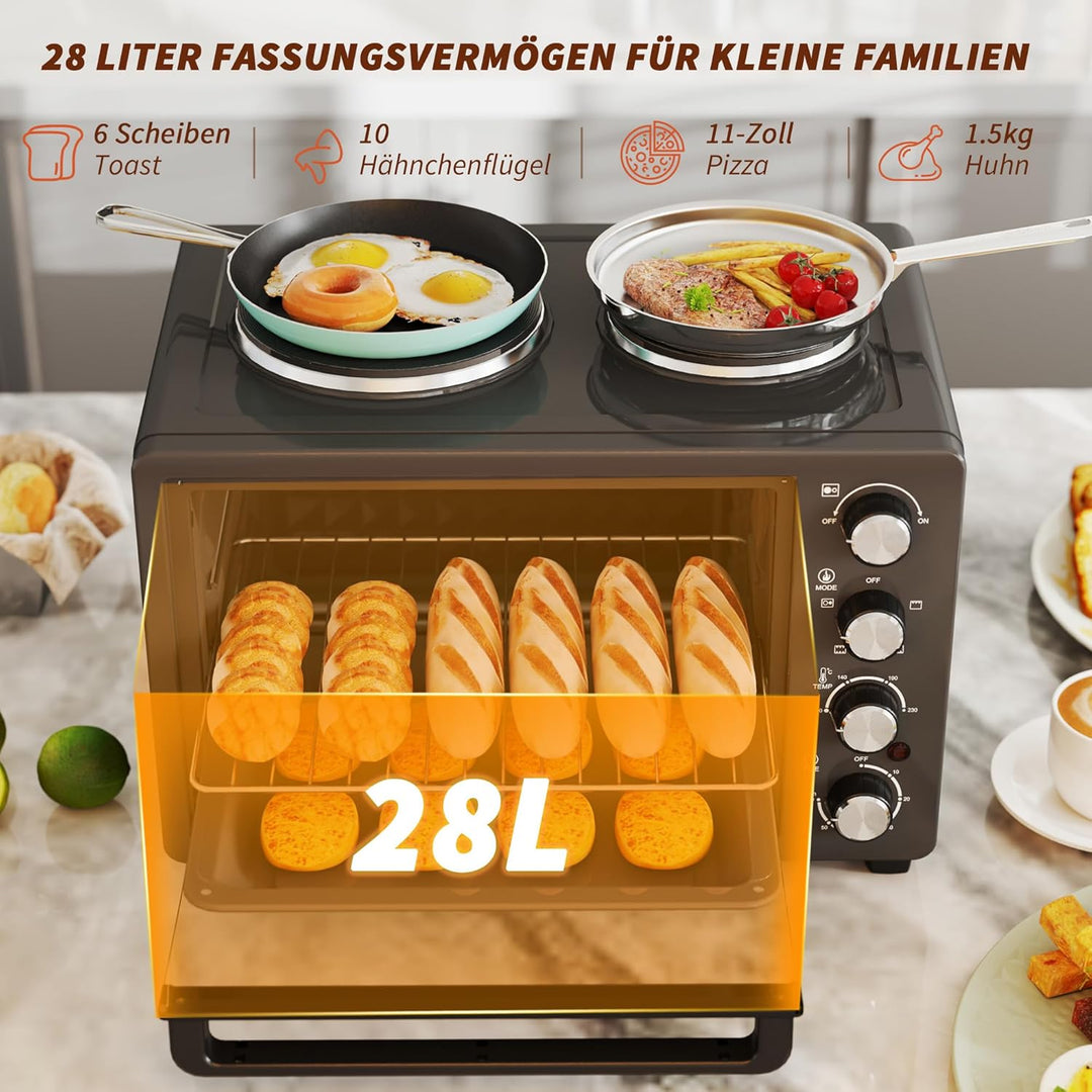 HOMCOM Minibackofen 28 L 2600W 100-230℃ Pizzaofen mit 60 Min. Timer, Grillrost 2 Kochplatten, Backbl