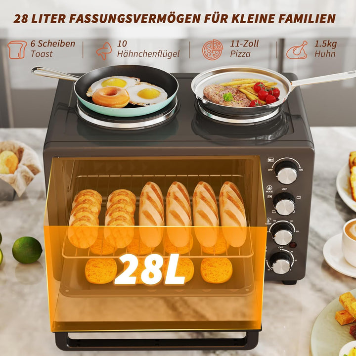 HOMCOM Minibackofen 28 L 2600W 100-230℃ Pizzaofen mit 60 Min. Timer, Grillrost 2 Kochplatten, Backbl