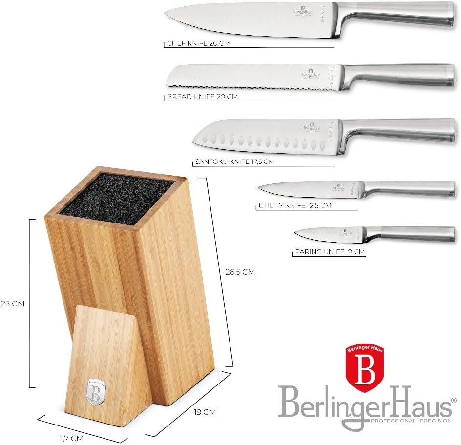 Berlinger Haus Messerset 6-teilig Edelstahl in Holzblock | Präzisionsklingen und elegantes Design
