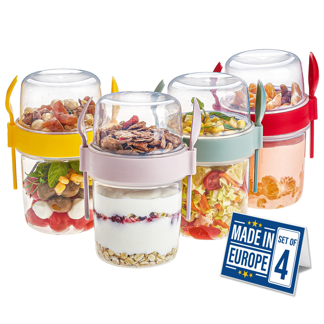 CRYSTALIA Müslibecher to Go mit Löffel & Gabel Set 4, 100 % BPA-FREI Joghurt Becher to Go mit Deckel