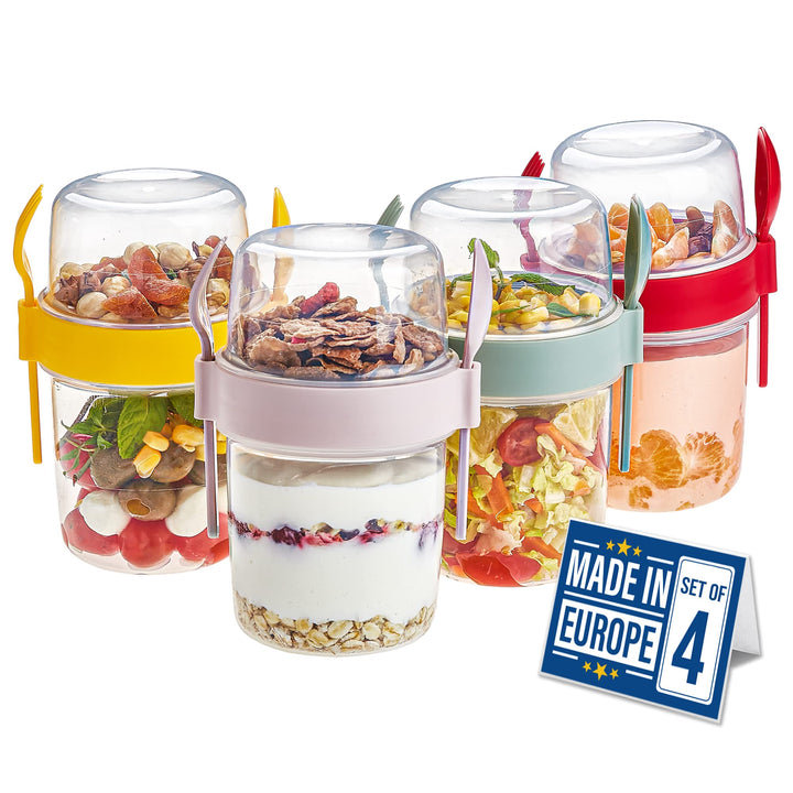 CRYSTALIA Müslibecher to Go mit Löffel & Gabel Set 4, 100 % BPA-FREI Joghurt Becher to Go mit Deckel