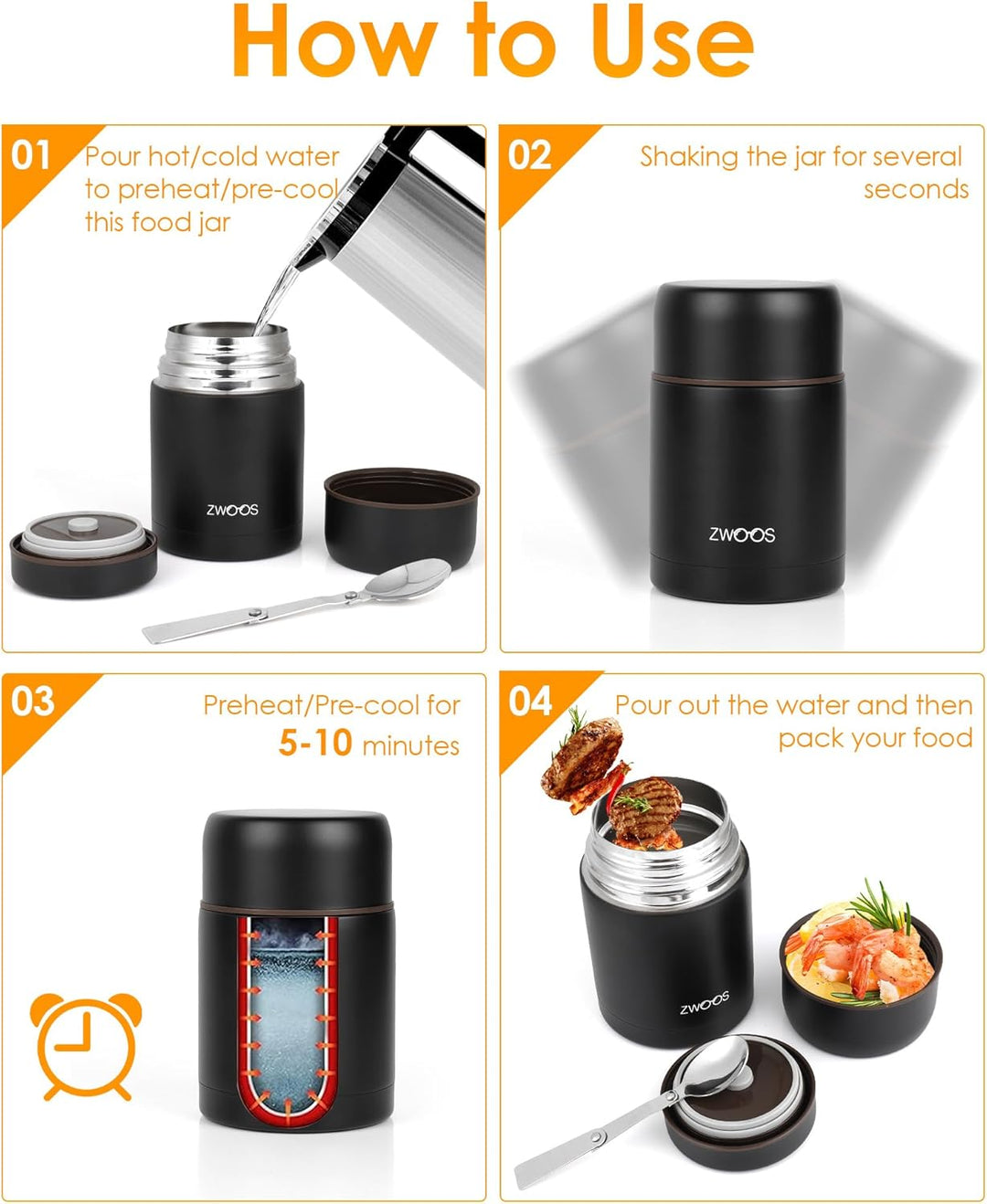 ZWOOS 800 ml Thermobehälter für Essen, 316 Edelstahl Wärmebehälter für speisen, Auslaufsicher Thermo