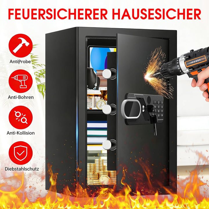 65L Grosser Safe Tresor für Zuhause, Digitaler Tresor Feuerfest Wasserdicht mit Alarmanlage und Zahl