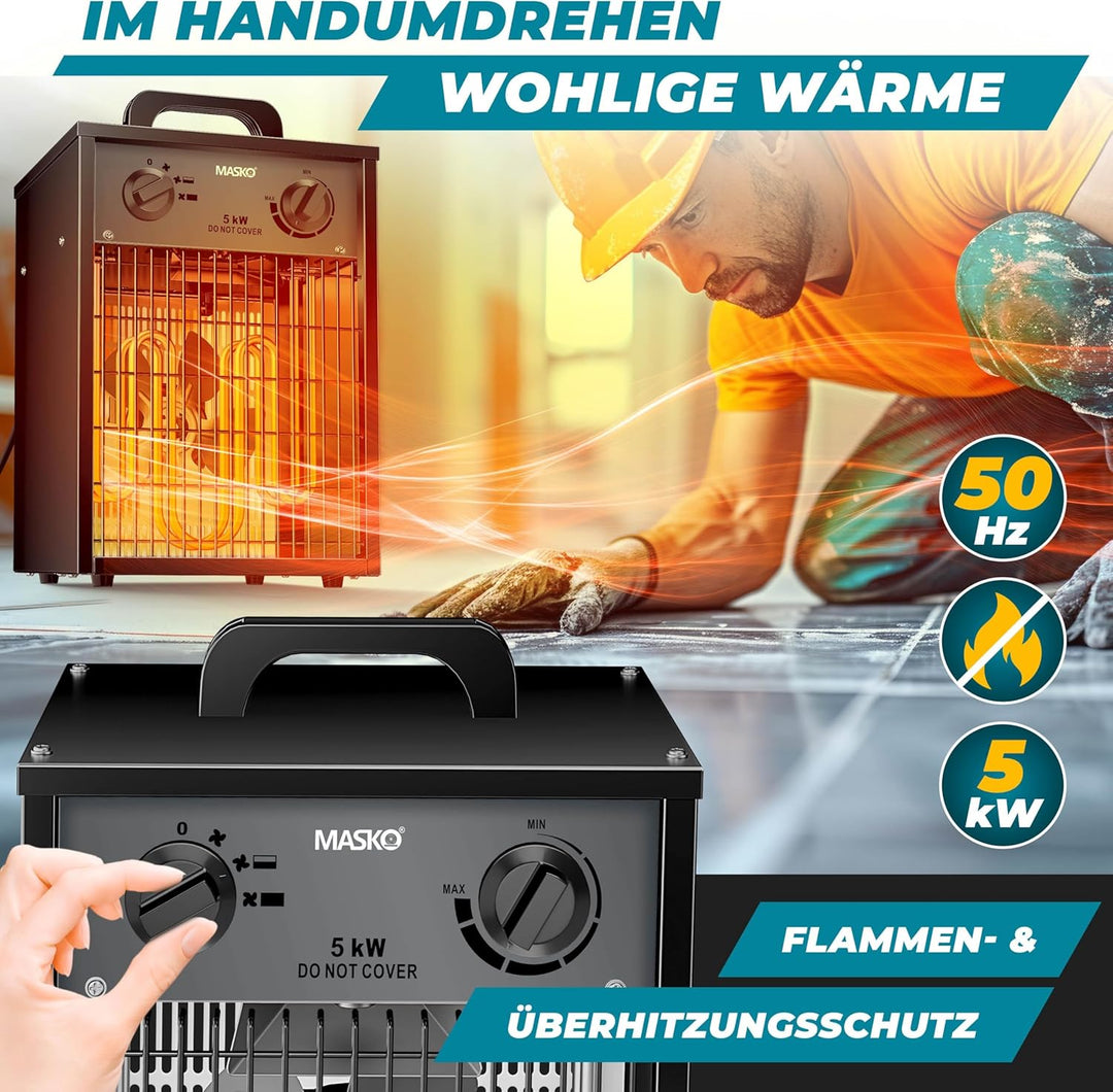 MASKO® Elektroheizer Heizlüfter Bauheizer 5 KW mit integriertem Thermostat elektrisch Heizgerät 5000