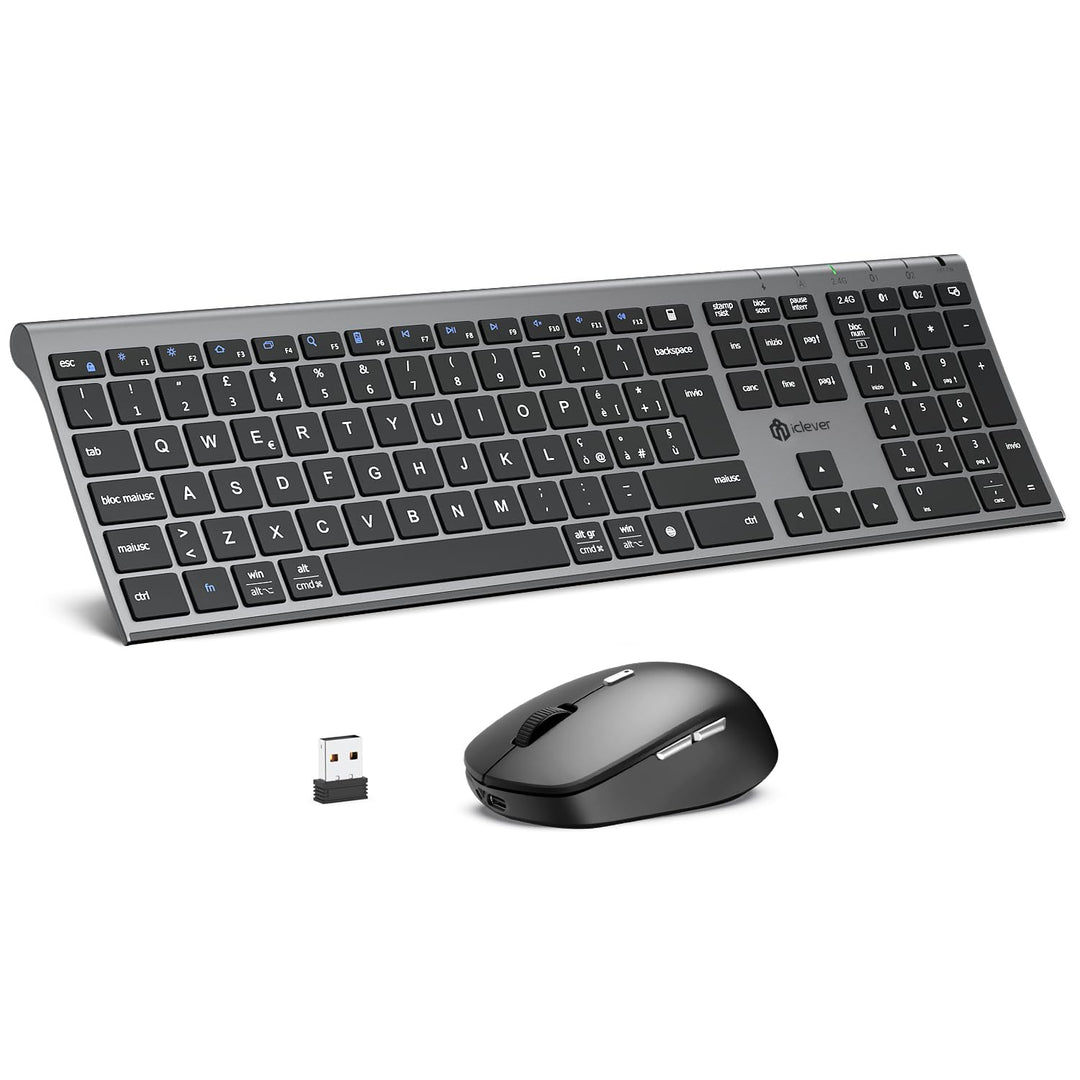iClever Kabellose Bluetooth-Tastatur und Maus, Dual-Modus (Bluetooth + 2,4 G), wiederaufladbar, ital