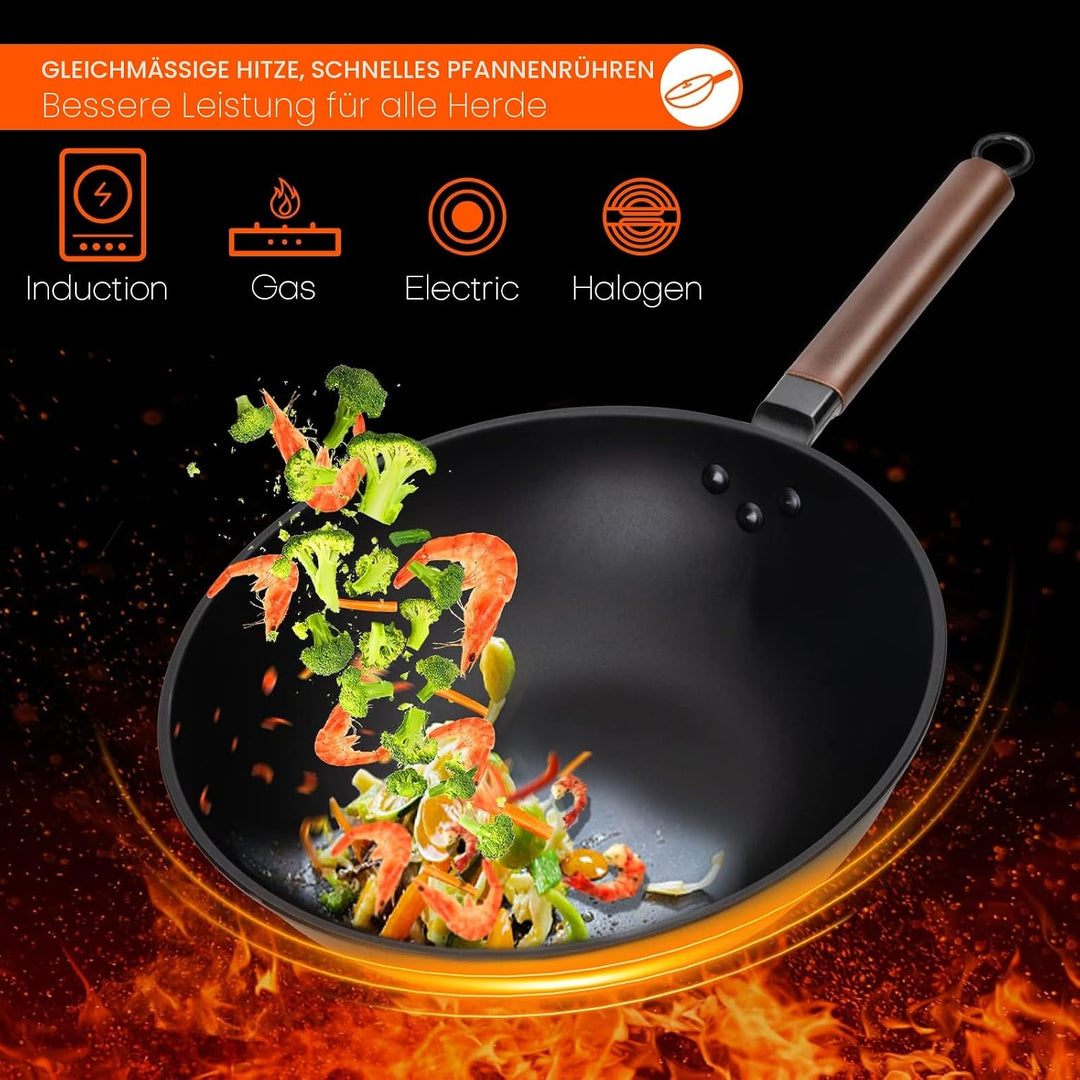 Jobin 33cm/5,6L Wokpfanne mit Eisendeckel Wok aus Kohlenstoffstahl Ohne Chemische Beschichtung und z