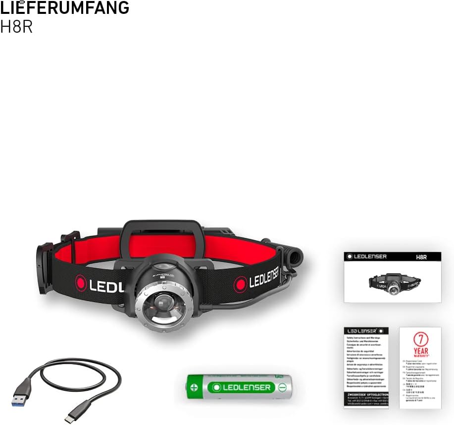 Ledlenser H8R, LED Stirnlampe, 600 Lumen, bis zu 120h Laufzeit, rotes Rücklicht, inkl. Akku, aufladb
