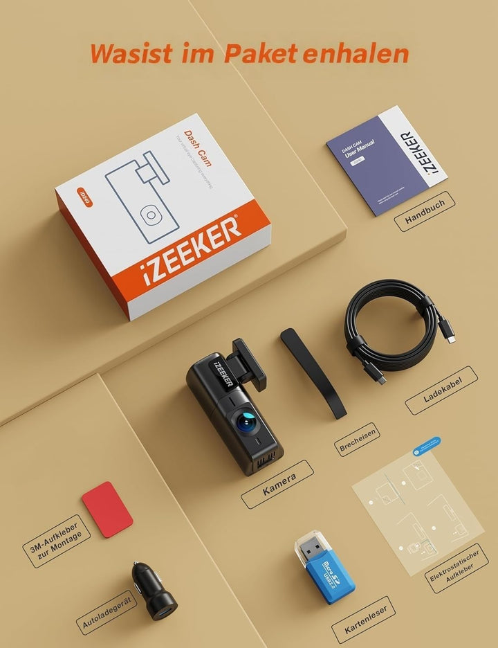 iZEEKER 2,5K Dashcam WiFi Dashkamera für Autos, Mini Auto Kamera 1440P Front Dashcam mit App-Unterst