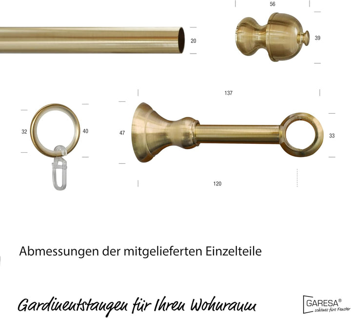 Garesa Gardinenstange Andrea Ø 20mm, 1-läufig, Messing, matt I Stabile Vorhangstange inkl. Ringe + F