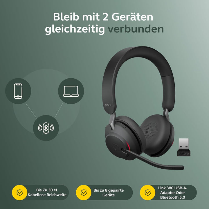 Jabra Evolve2 65 Wireless PC Headset with Charging Stand – Noise Cancelling Microsoft Teams Certifie