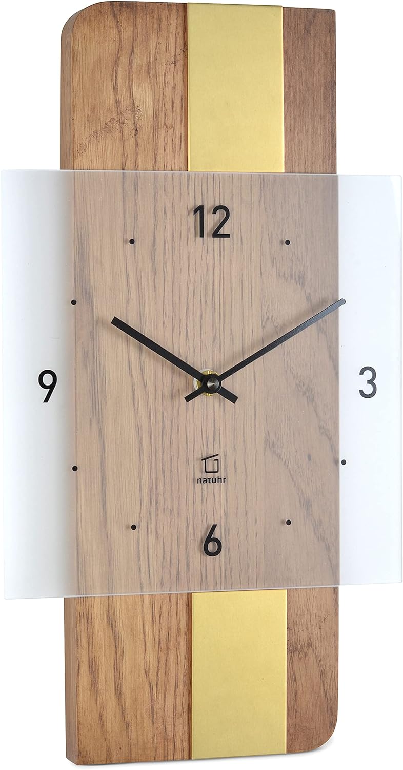 Natuhr Holz Metall Glas Wanduhr - Fusion - präzises Funk-Uhrwerk plastikfrei verpackt (Eiche rustika