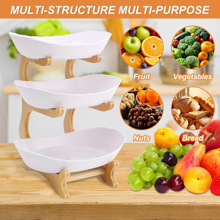 Obstschalenkorb, 3-stöckig, Servierschalen, Tablett-Set, Obstkorbständer mit Holzregal für Unterhalt