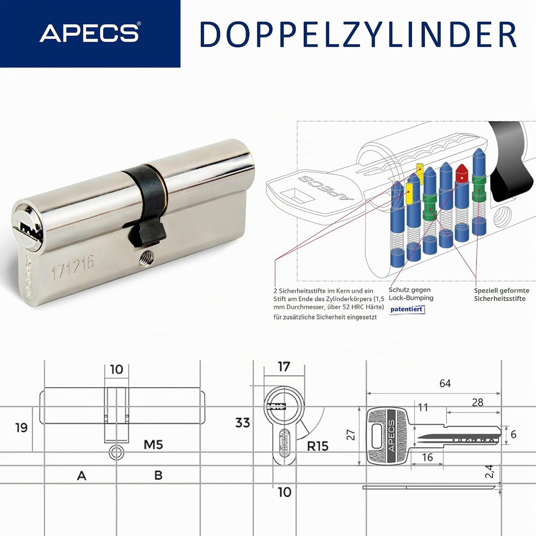 APECS Zylinderschloss Profilzylinder 80 (35/44) mm für Türschloss Haustür mit 5 Schlüsseln Modell SM