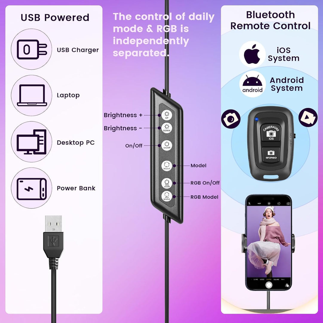 10 Zoll LED Ringlicht mit 61 Zoll Stativständer & Handyhalter, Dimmbare RGB Tischringlicht Handystat