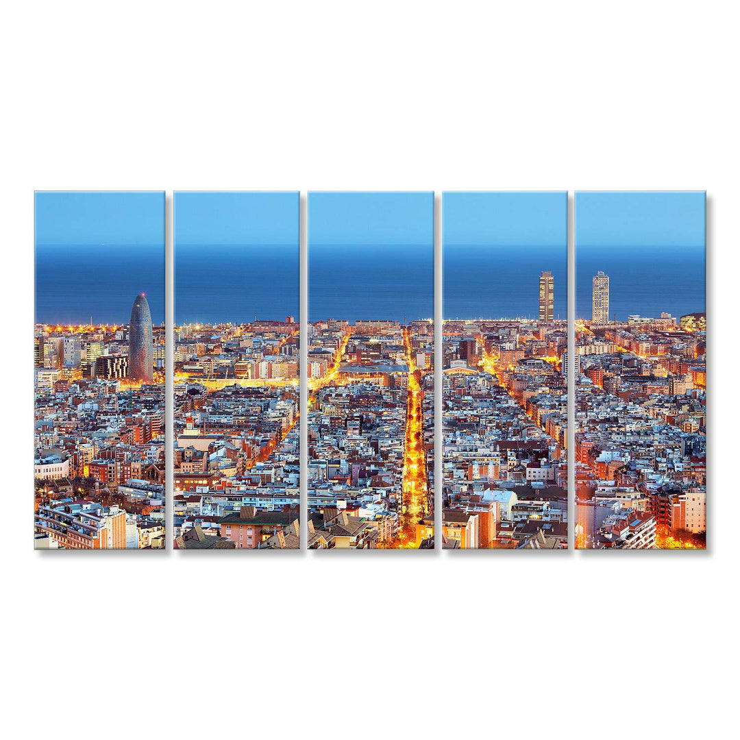 islandburner, Bild auf Leinwand Skyline von Barcelona, Luftaufnahme bei Nacht, Spanien Wandbild Post