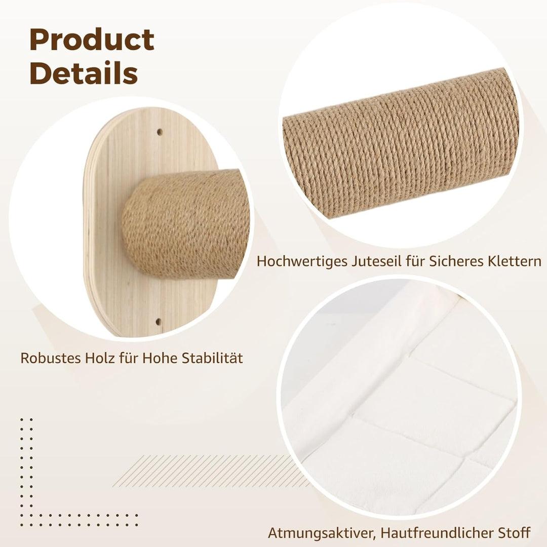 Katzenhängematte Wandmontage, Kletterwand Set aus Massivholz mit Katzentreppe, Holz Katzenbett mit K