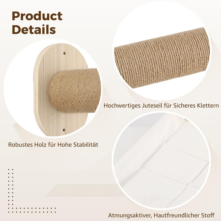 Katzenhängematte Wandmontage, Kletterwand Set aus Massivholz mit Katzentreppe, Holz Katzenbett mit K