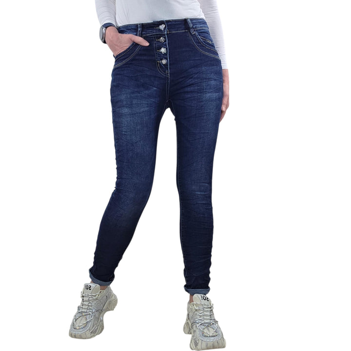 Jewelly Stretch Jeans| im Baggy Boyfriend Schnitt| Damen Hose mit dekorativer Knopfleiste| Perfekter