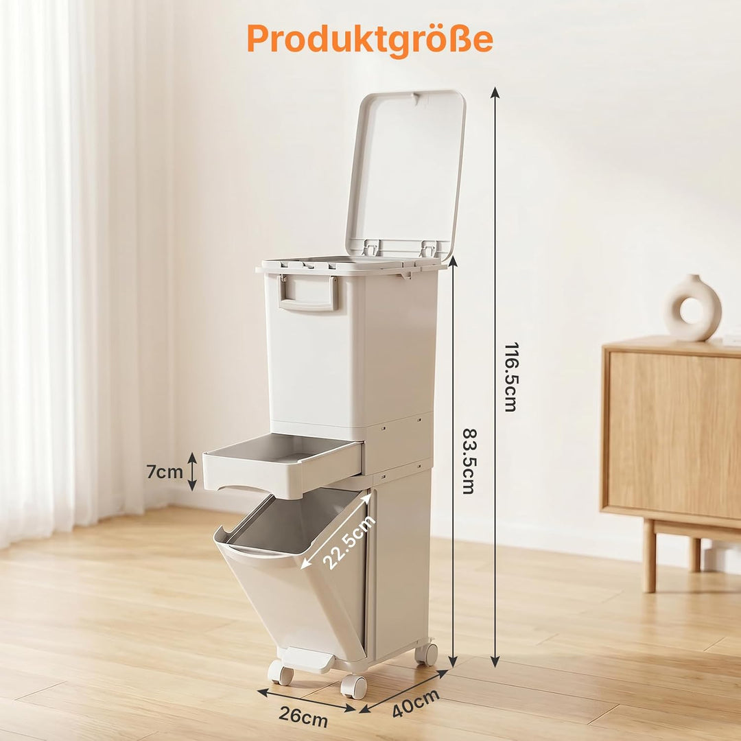 32 L Mülleimer Küche 3 Fächer, Abfalleimer mit Deckel & Pedal, Mülleimer auf Rädern, Mülltrennsystem
