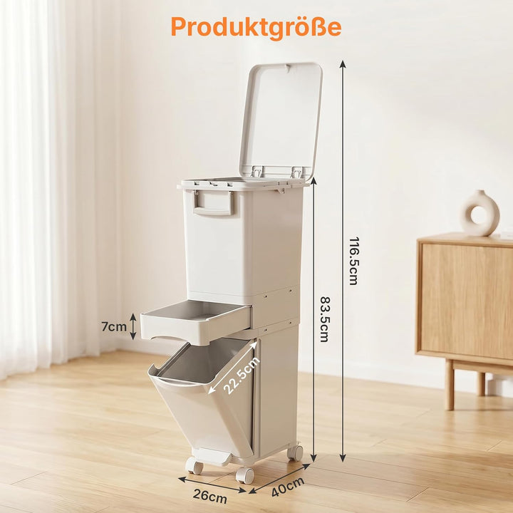 32 L Mülleimer Küche 3 Fächer, Abfalleimer mit Deckel & Pedal, Mülleimer auf Rädern, Mülltrennsystem