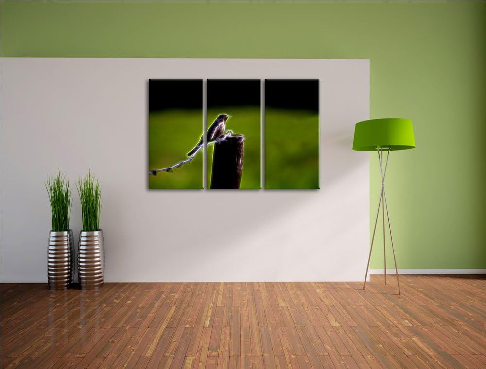 Dark junge Rauchschwalbe auf Stacheldraht NewArt 3-Teiler Leinwandbild 120x80 Bild auf Leinwand, XXL
