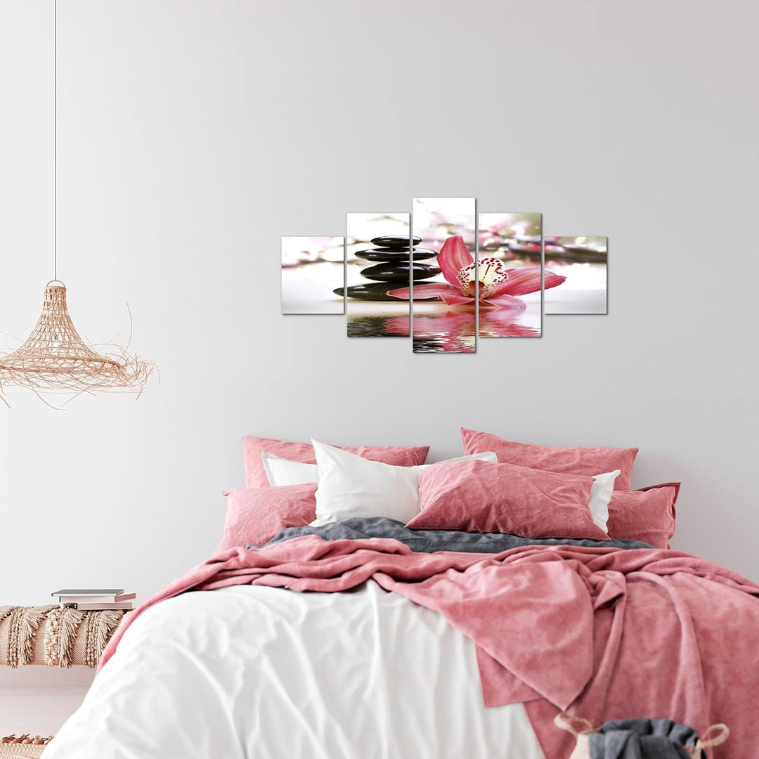 Runa Art Wandbilder Blumen Orchidee 5 Teilig Bild auf Vlies Leinwand Deko Wohnzimmer Steine Rosa Gra