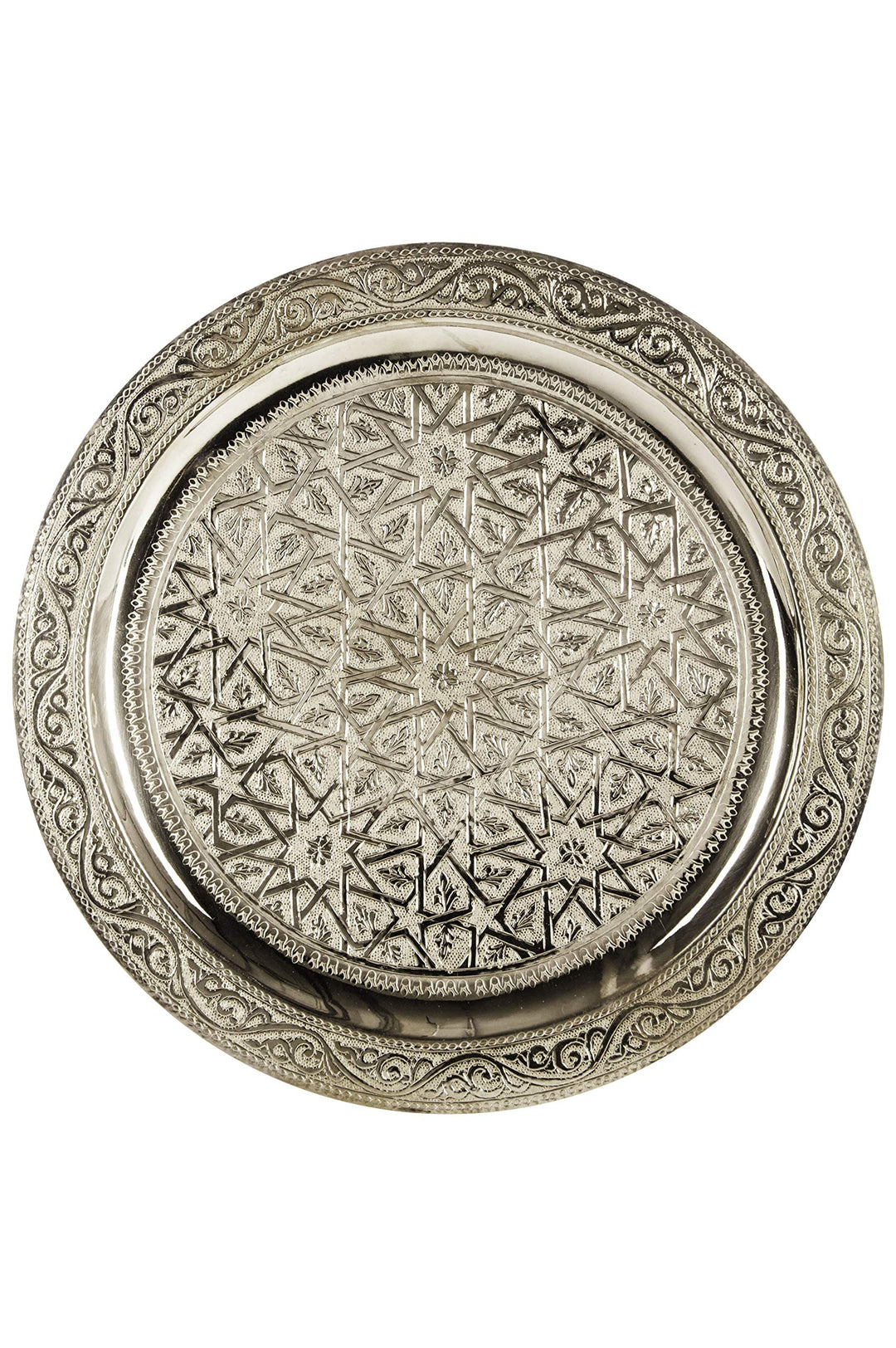 Orientalisches rundes Tablett aus Messing Mehdia 30cm Deko Silber | Marokkanisches Teetablett in der