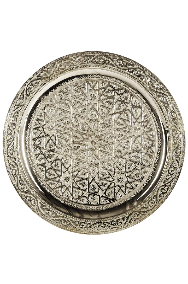 Orientalisches rundes Tablett aus Messing Mehdia 30cm Deko Silber | Marokkanisches Teetablett in der