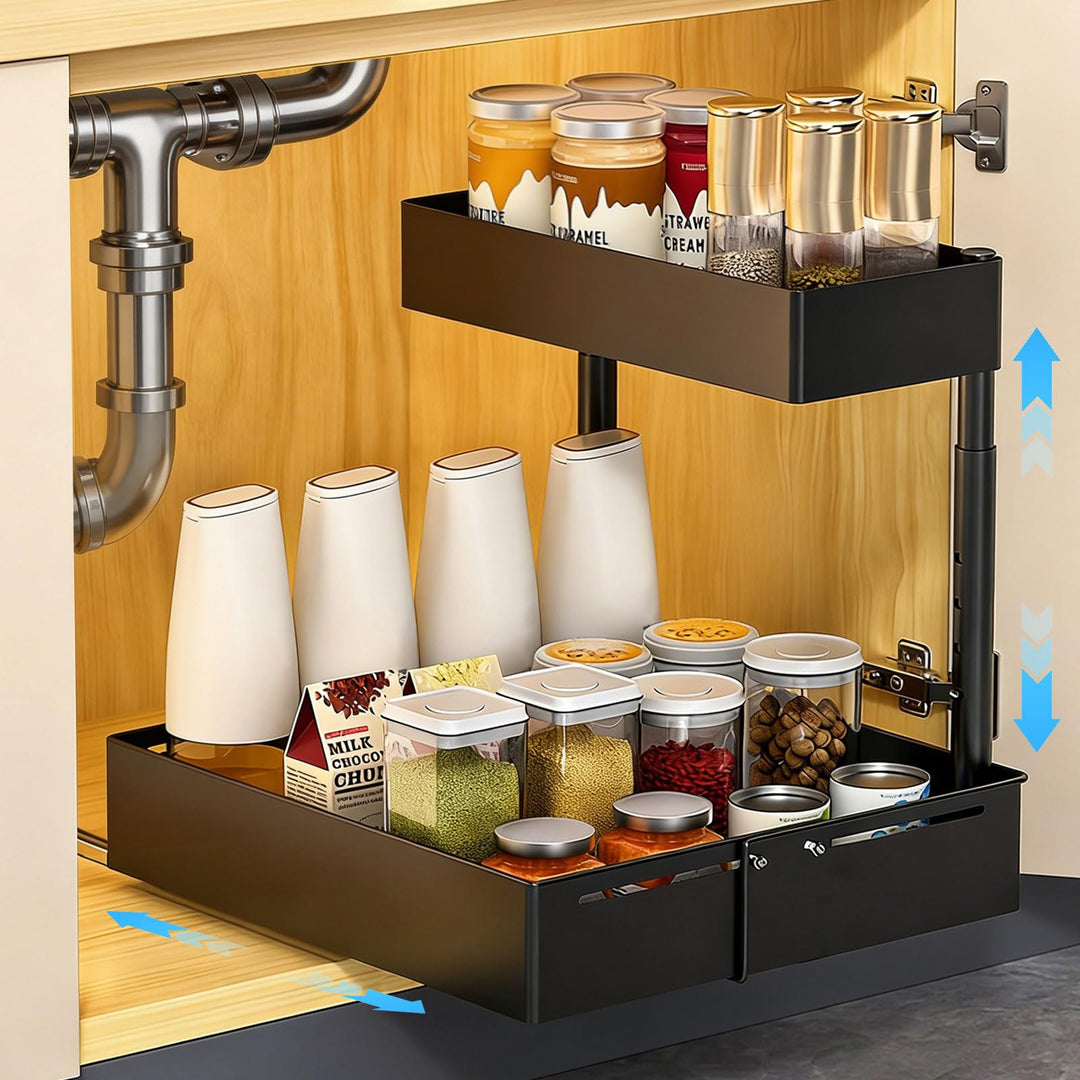 Spülschrank Organizer Ausziehbar – 2 Etagen Unterschrank Organizer Schwarz | Küche Höhenverstellbar