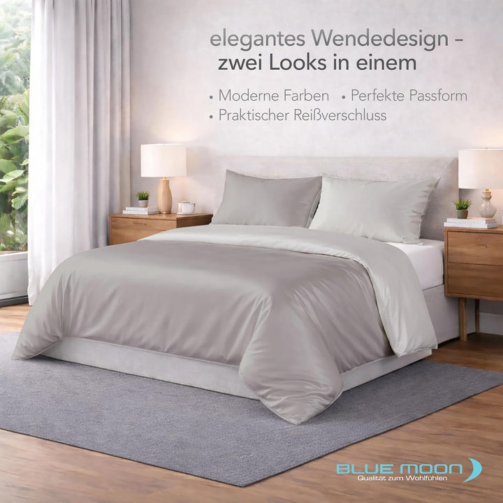 BLUE MOON Premium Bettwäsche 135x200 cm Satin 100% Baumwolle Wendebettwäsche - Made in EU - 1x Bettb